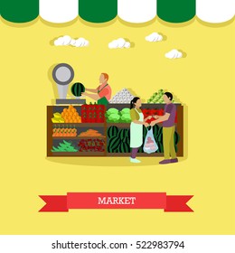 Vector illustration of market greengrocery design element in flat style. People selling and buying fruit and vegetables.