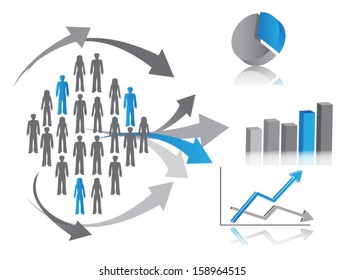 Vector illustration of market research, symbolized by population (or consumers) described through chart. 