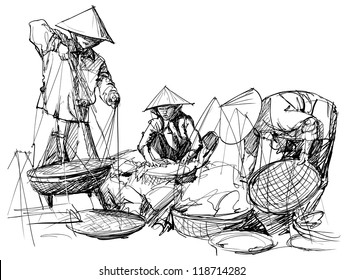 Vector illustration of a market scenery in Vietnam