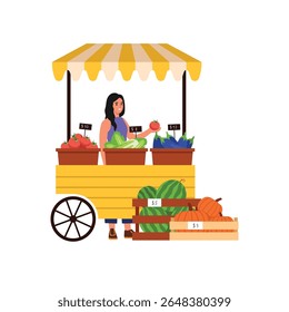 Vector illustration of a market.Cartoon scene of a girl selling in a stall on wheels, boxes with vegetables: tomatoes, Chinese cabbage, eggplants, pumpkins, watermelons isolated on a white background.