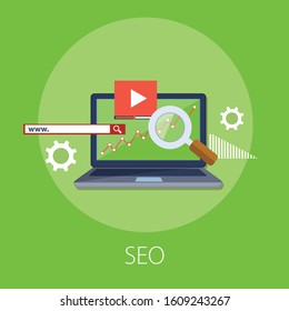 Vector illustration of marketing and internet concept with "seo" media and development icon.