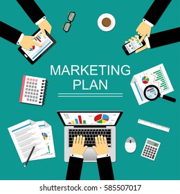 Vector illustration of marketing plan concept on the office table.