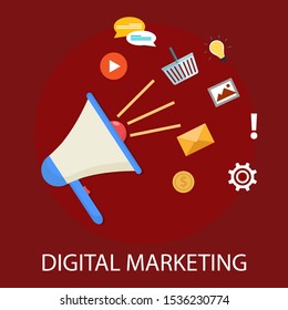 Vector illustration of marketing & strategy concept with "digital marketing" communication and advertising icon.