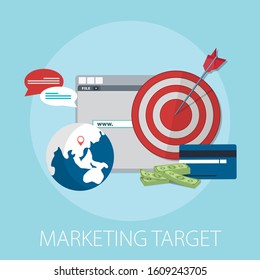 Vector illustration of marketing and strategy concept with "marketing target" communication and advertising icon.