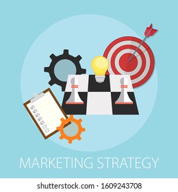 Vector illustration of marketing and strategy concept with "marketing strategy" communication and advertising icon.