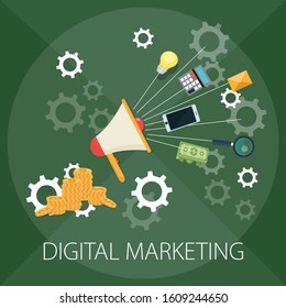 Vector illustration of marketing and strategy concept with "digital marketing" communication and advertising icon.