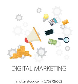 Vector illustration of marketing & strategy concept with "digital marketing" communication and advertising icon.