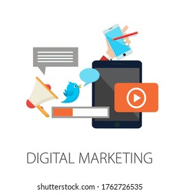 Vector illustration of marketing & strategy concept with "digital marketing" communication and advertising icon.
