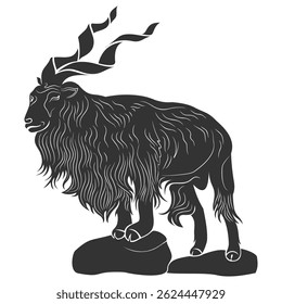 Ilustração vetorial de uma Markhor de pé na rocha - Silhueta de cabra selvagem