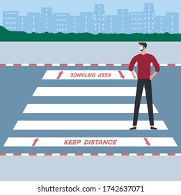 Vector illustration Marking of pedestrian crossings after COVID-19 quarantine, coronavirus pandemic. Keep the distance Social distancing Crosswalk City. Reducing risk of infection, prevention measures