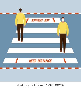Vector illustration Marking of pedestrian crossings after COVID-19 quarantine, coronavirus pandemic. Keep the distance Social distancing Crosswalk City. Reducing risk of infection, prevention measures