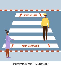 Vector illustration Marking of pedestrian crossings after COVID-19 quarantine, coronavirus pandemic. Keep the distance Social distancing Crosswalk City. Reducing risk of infection, prevention measures