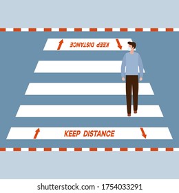 Vector illustration Marking of pedestrian crossings after COVID-19 quarantine, coronavirus pandemic. Keep the distance Social distancing Crosswalk City. Reducing risk of infection, prevention measures