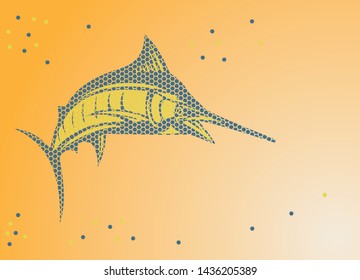 Vector illustration of a marlin with a blue and yellow hexagon pattern. On an orange background.
