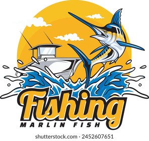 Vector Illustration of Marlin Fish, Boat and Water Splash with Vintage Illustration Available for Logo Badge