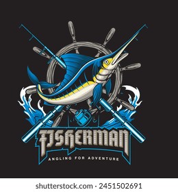 Vector Illustration of Marlin Fish, Fishing Rods and Ship Steering with Vintage Illustration Available for Fishing Badge