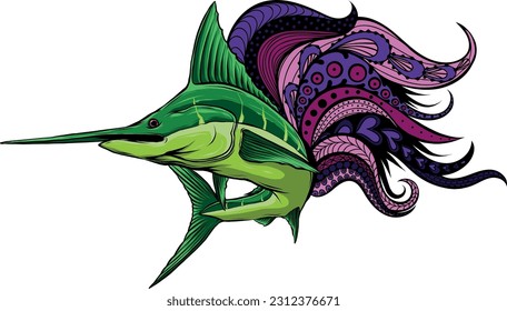 vector illustration of marlin fish with mandala decoration