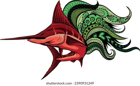 vector illustration of marlin fish with mandala decoration