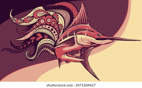 vector illustration of marlin fish with mandala decoration