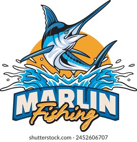 Vector Illustration of Marlin Fish and Water Splash with Vintage Illustration Available for Logo Badge