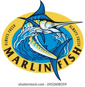 Vector Illustration of Marlin Fish and Waves with Vintage Illustration Available for Logo Badge