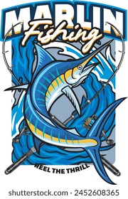 Vector Illustration of Marlin Fish and Waves with Vintage Illustration Available for Logo Badge