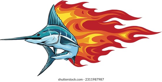 vector illustration of marlin with flames on white background