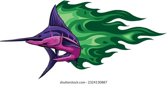 vector illustration of marlin with flames on white background