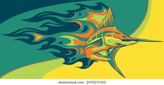 vector illustration of marlin with flames on white background