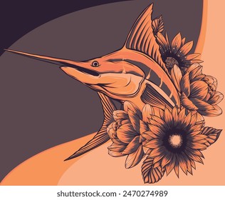 vector illustration of Marlin Sailfish Swordfish with flowers