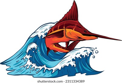 vector illustration of marlin with sea wave