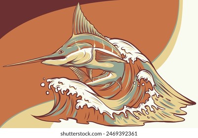 vector illustration of marlin with sea wave