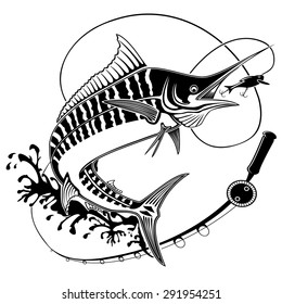 Vector illustration of marline fish in waves with fishing rod. Vector illustration can be used for creating logo and emblem for fishing clubs, prints, web and other crafts.