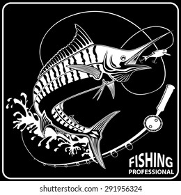 Vector illustration of marline fish in waves with fishing rod. Vector illustration can be used for creating logo and emblem for fishing clubs, prints, web and other crafts.