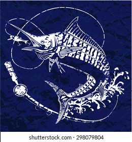 Vector illustration of marline fish in waves with fishing rod on retro blue paper. Vector illustration can be used for creating logo and emblem for fishing clubs, prints, web and other crafts.