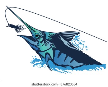 Vector illustration of marline fish in waves with fishing rod on retro blue paper. Vector illustration can be used for creating logo and emblem for fishing clubs, prints, web and other crafts.