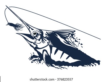 Vector illustration of marline fish in waves with fishing rod on retro blue paper. Vector illustration can be used for creating logo and emblem for fishing clubs, prints, web and other crafts