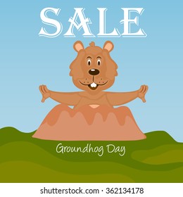 Vector illustration of a marmot for Happy Groundhog Day sale background.