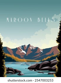 Vector illustration. Maroon Bells Colorado. Travel poster, banner, postcard, cover. Modern design. Nature, tourism.