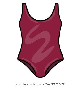 A vector illustration of a maroon one-piece swimsuit with a stylized abstract wavy pattern, showcasing a simple yet stylish design perfect for summer fashion graphics.
