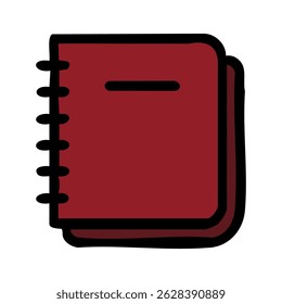 Ilustração vetorial de um notebook em espiral marrom com um design minimalista, apresentando contornos pretos e negrito e um simples detalhe de linha horizontal, ideal para projetos educacionais ou relacionados a artigos de papelaria.