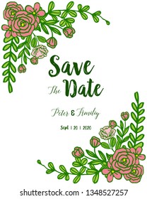 Vector illustration marriage invitation card with flower frames over white backdrop hand drawn
