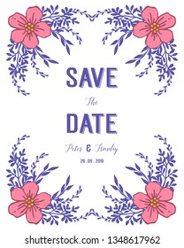 Vector illustration marriage invitation card with artwork frame flower pink leaf purple hand drawn