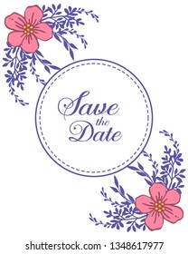 Vector illustration marriage invitation card with artwork frame flower pink leaf purple hand drawn
