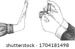 Vector illustration of marriage proposal refusal. Declined engagement diamond ring. Vintage hand drawn engraving etched style.