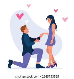 Ejemplo vectorial de las propuestas de matrimonio. Escena de caricatura con un hombre que le propone a su novia y le da un anillo de fondo blanco. Una cita romántica, el amor está en el aire.