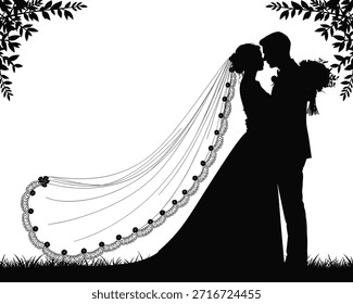 Ilustração vetorial de um casal casado em uma silhueta preta, com um noivo e noiva em um vestido de noiva e véu se beijando na praia enquanto dançam com um buquê em um desenho animado temático de romance.