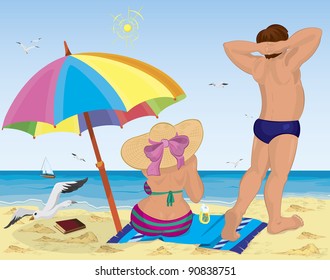 Vector illustration of a married couple on the beach under umbrella