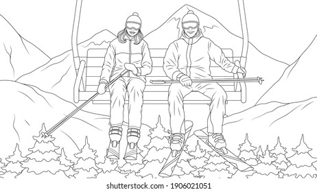 Vector illustration, a married couple at a ski resort, skiing from the mountain, coloring book