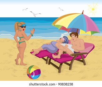Vector illustration of a married couple under umbrella on the beach and young girl saying hello
